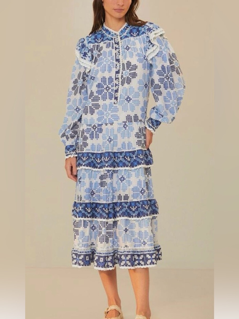 FARM Rio Blue & Navy Embroidered Floral Midi Dress